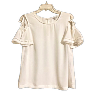 Guess Cold Shoulder Short Sleeve Sheer Romantic Blouse Top Eyelet Trim Ties Sz S